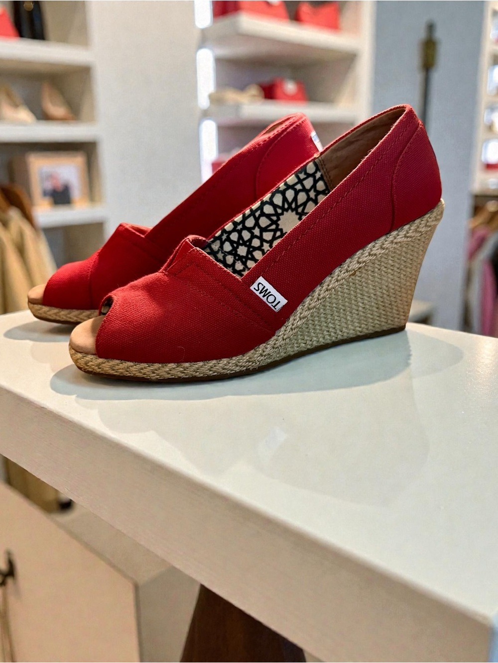 TOMS Red Canvas Wedge Peep-Toe Espadrille